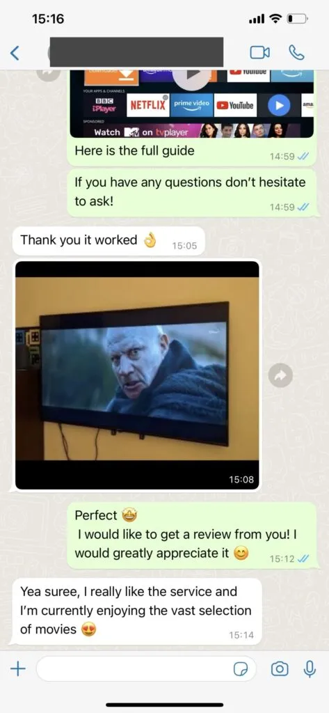 WhatsApp customer satisfaction screenshot for Beamsiptv 1