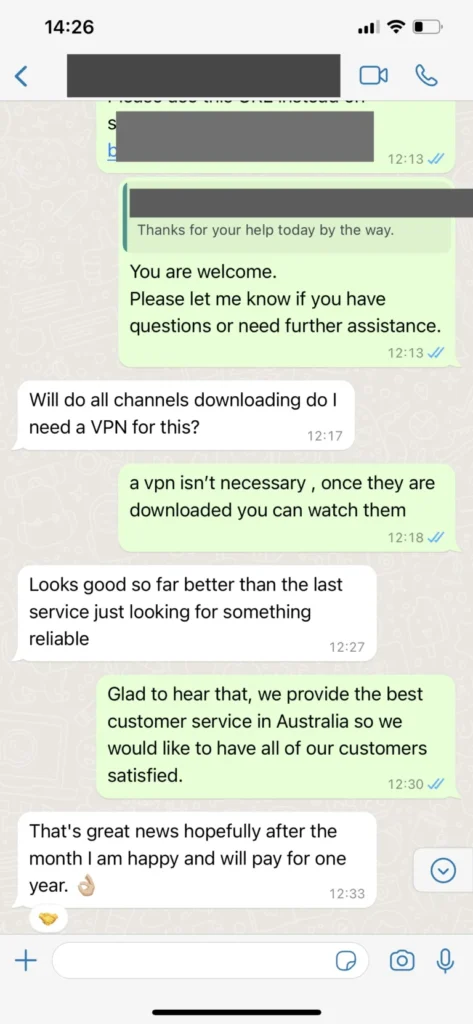WhatsApp customer activation confirmation for Beamsiptv 3